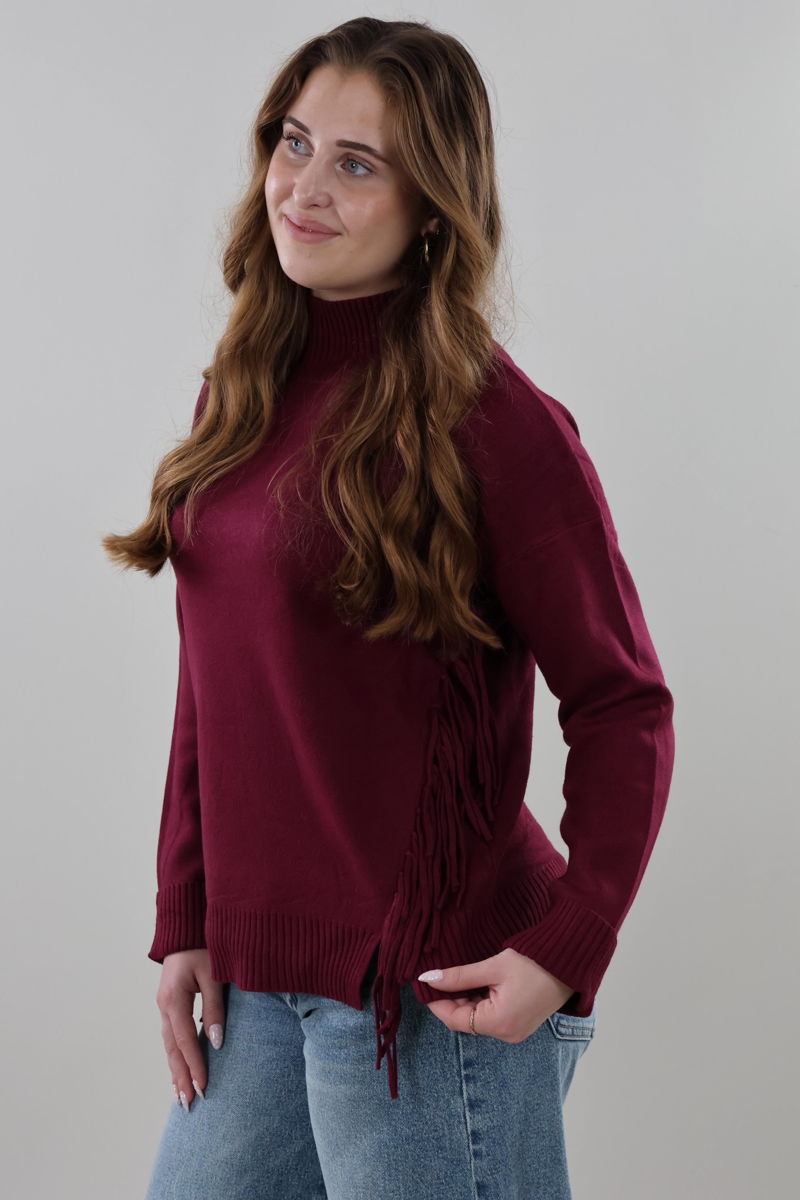 Fringe Turtleneck Sweater - Burgundy