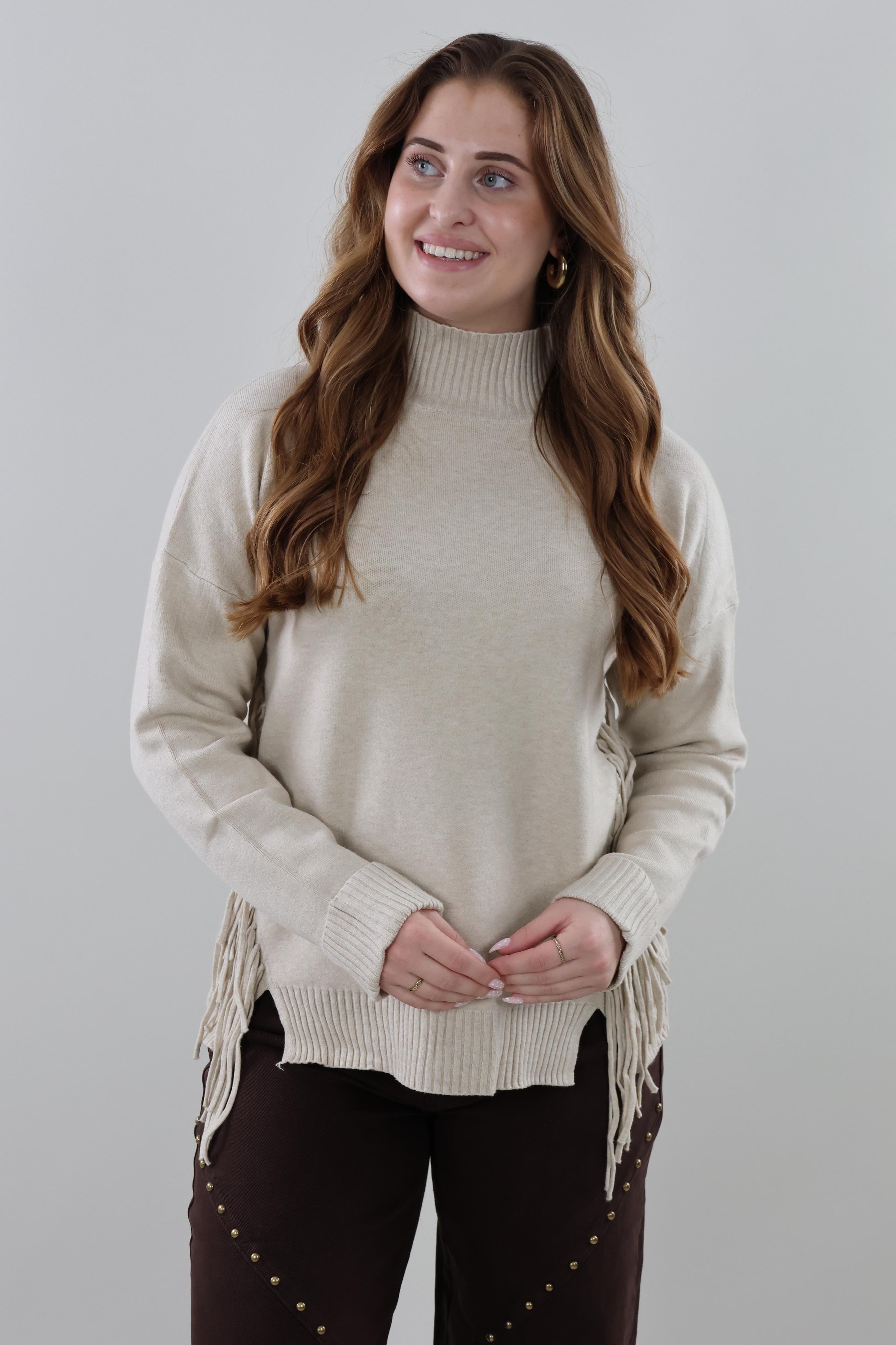 Fringe Turtleneck Sweater - Beige